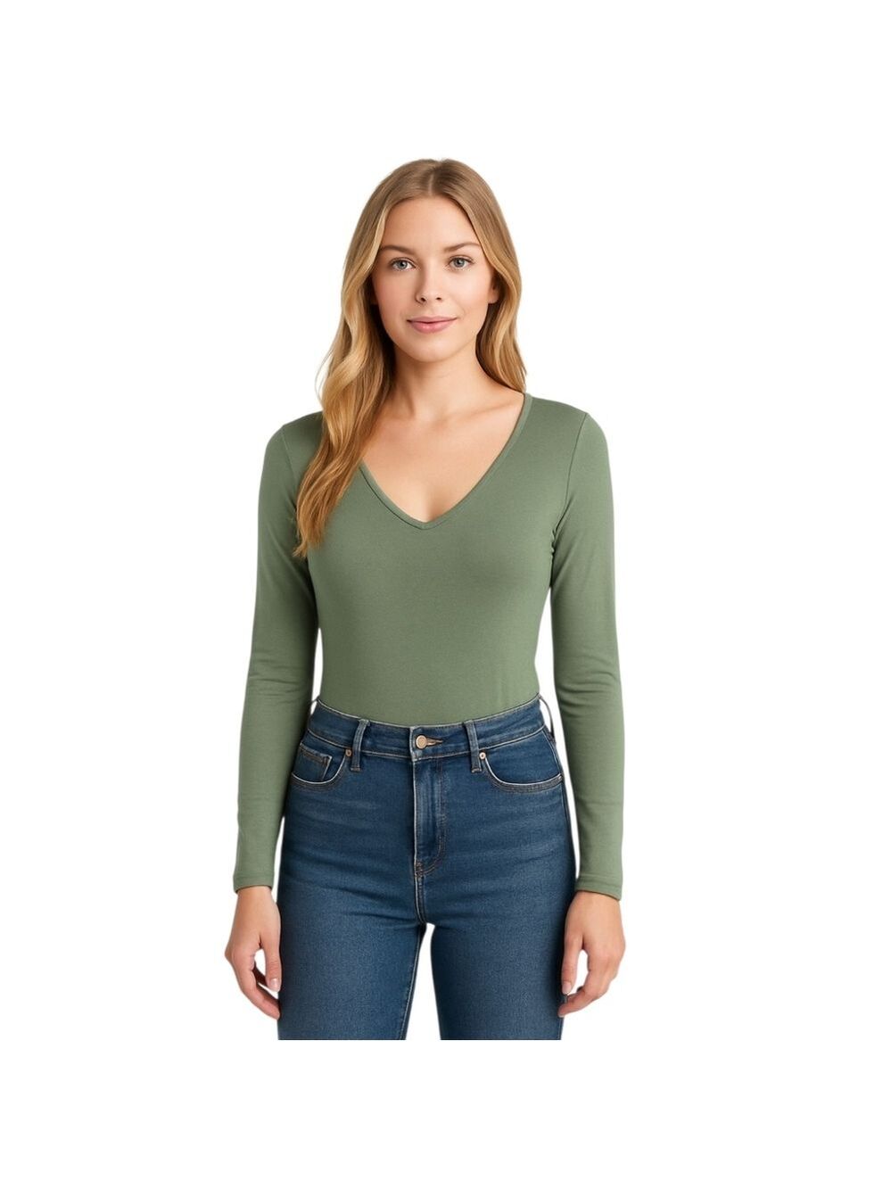 No Boundaries Sage Green Long Sleeve V-Neck Bodysuit Size M (8-10)